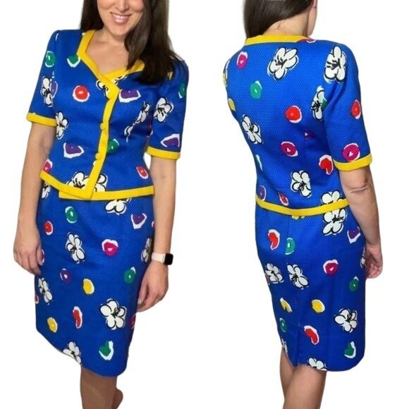 Vintage Carlisle Skirt Set Size 8 Blazer and Pencil Skirt in Bold Floral Print - Picture 3 of 13